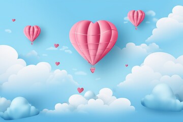 Fototapeta premium Paper hearts, clouds, flying hot air balloon