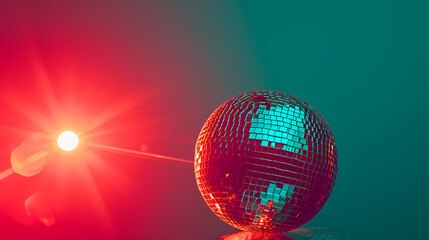 disco ball with disco lights, disco ball on blue red background.Illuminated Streets, Vibrant...