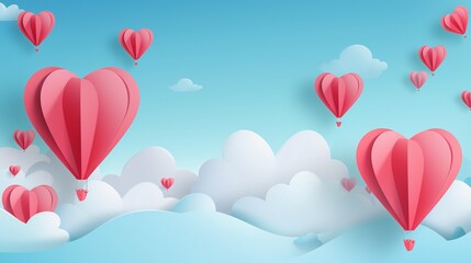 Naklejka premium Paper hearts, clouds, flying hot air balloon