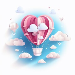 Paper hearts, clouds, flying hot air balloon