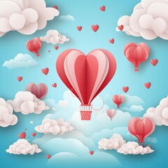 Paper hearts, clouds, flying hot air balloon