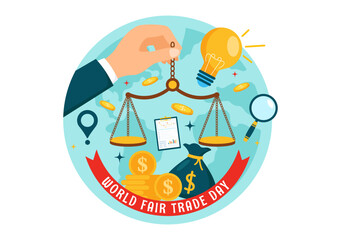 World Fair Trade Day Vector Illustration on 11 May with Gold Coins, Scales and Hammer for Climate Justice and Planet Economic in Flat Background
