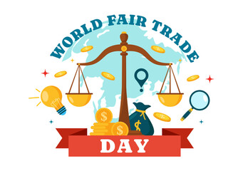 World Fair Trade Day Vector Illustration on 11 May with Gold Coins, Scales and Hammer for Climate Justice and Planet Economic in Flat Background