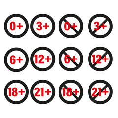 Censored 0, 3, 6, 12, 18, 21 plus sign limit concept. Age restrictions censorship symbol. Vector illustration. EPS 10.