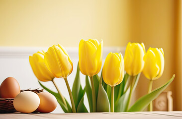 Obraz premium abstract home interior, yellow fresh tulips and easter eggs on the table, airy light background, big windows
