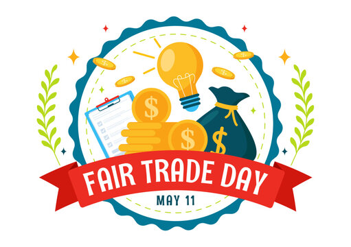 World Fair Trade Day Vector Illustration on 11 May with Gold Coins, Scales and Hammer for Climate Justice and Planet Economic in Flat Background