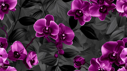 Purple Orchids with a Black and Silver Background seamless pattern