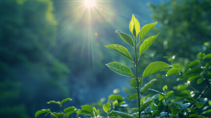 Beautiful view on a sunny day in the forest. Green branches and dense forest.