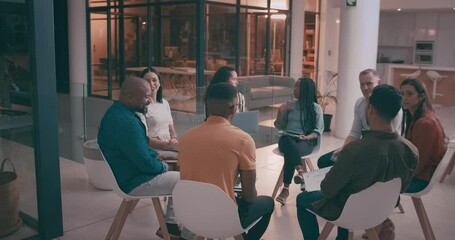 Business people, circle and company with workshop for career, collaboration and team building in job. Diversity, employees and discussion of ideas, networking and professional group for work project