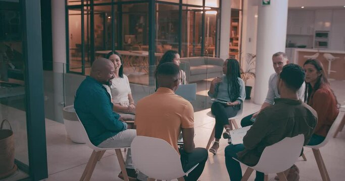 Business people, circle and company with workshop for career, collaboration and team building in job. Diversity, employees and discussion of ideas, networking and professional group for work project