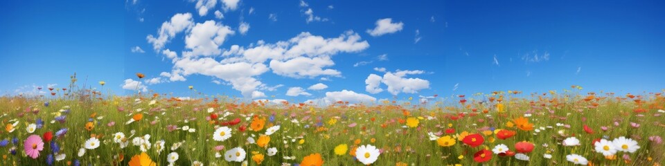A wildflower meadow panorama in full bloom,  with a riot of colors under a clear,  blue sky