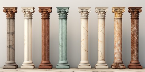 Different styles display antique marble columns in illustrations.