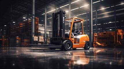 modern orange forklift in warehouse, industrial concept