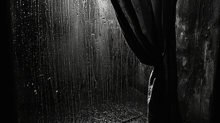Rain outside the window in a building. View from the window. - obrazy, fototapety, plakaty