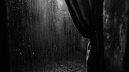 Fotobehang Rain outside the window in a building. View from the window. © Ярослав Антонюк