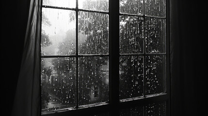 Rain outside the window in a building. View from the window.