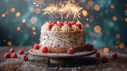 Celebration birthday cake with colorful sprinkles and twenty one colorful birthday candles - obrazy, fototapety, plakaty