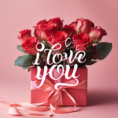 bouquet of red roses on a pink background with a gift for Valentine's Day and with text I love you, a picture for Valentine's Day, generative AI