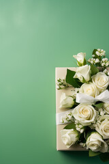 bouquet of white roses on a celadon background with a gift for Valentine's Day and with a place for text, a picture for Valentine's Day, generative AI