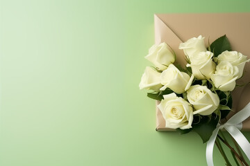 bouquet of white roses on a celadon background with a gift for Valentine's Day and with a place for text, a picture for Valentine's Day, generative AI