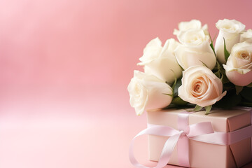 Obraz na płótnie Canvas bouquet of white roses on a pink background with a gift for Valentine's Day and with a place for text, a picture for Valentine's Day, generative AI