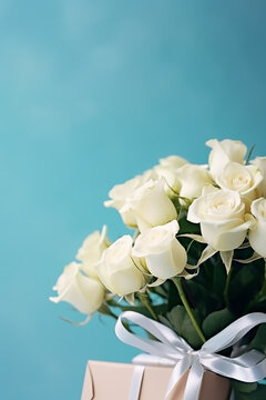 bouquet of white roses on a light blue background with a gift for Valentine's Day and with a place for text, a picture for Valentine's Day, generative AI