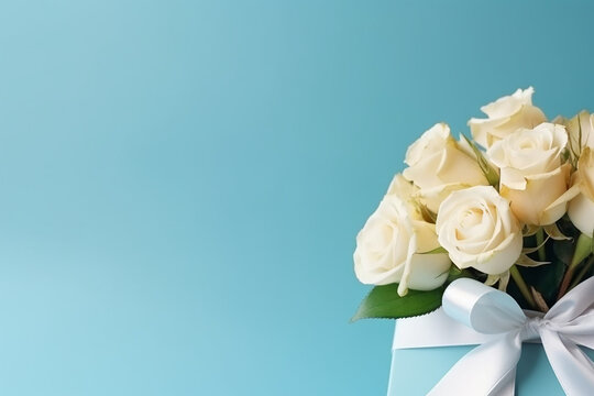 bouquet of white roses on a light blue background with a gift for Valentine's Day and with a place for text, a picture for Valentine's Day, generative AI