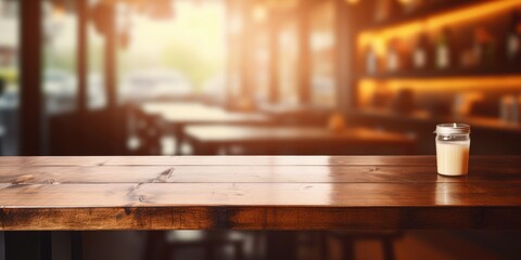 Blurry coffee shop and restaurant background with empty wooden table - ideal for displaying or creating product montages.