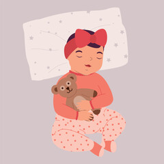 One Little Baby Girl In Pyjamas Sleeping On A Pillow And Hugging A Teddy Bear. Full Length.