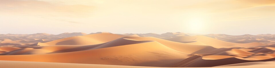A surreal desert landscape captured in panoramic view,  featuring dunes shaped by the winds and bathed in golden sunlight