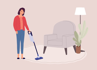 One Smiling Woman Using A Cordless Vacuum Cleaner Cleaning Carpet In Living Room. Full Length.