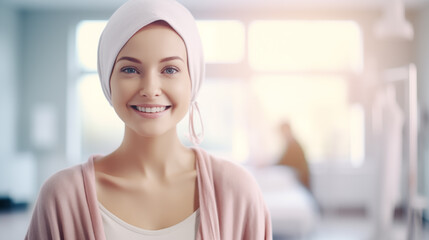 Naklejka premium Portrait of beautiful young woman with cancer that is smiling. World cancer day. Space for text. Generate AI