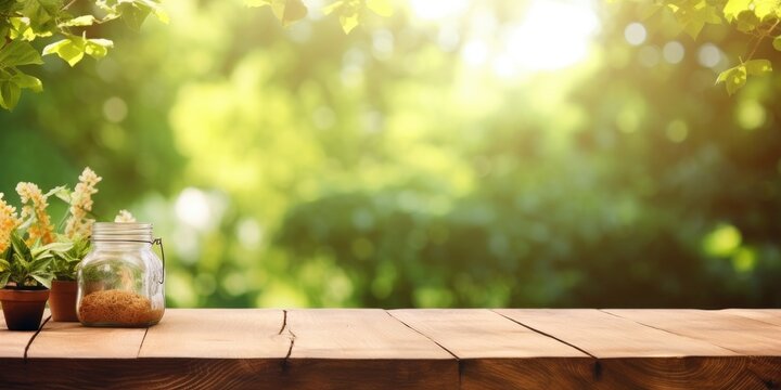 Product display template with outdoor country theme, featuring wooden table and garden bokeh.
