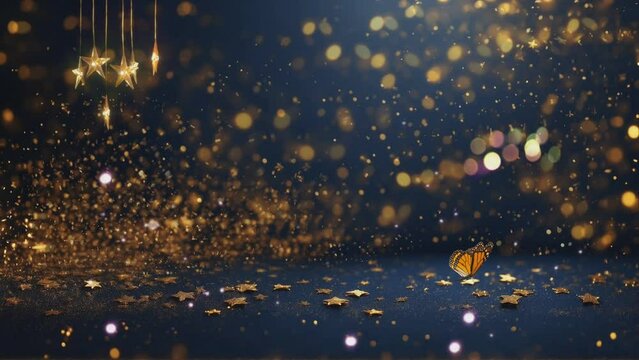 Animasi 4K latar belakang partikel abstrak dengan bintang emas berkilau dan bersinar. Cahaya Natal di latar belakang bokeh. Latar belakang tekstur foil emas.