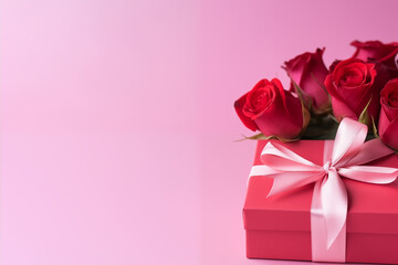 Obraz premium a bouquet of red roses on a pink background with a gift for Valentine's Day and with a place for text, a picture for Valentine's Day, generative AI