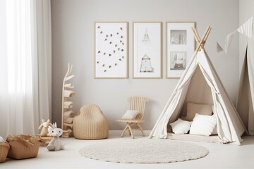 Scandinavian-style nursery interior with a frame mockup in a child's room. Generative AI