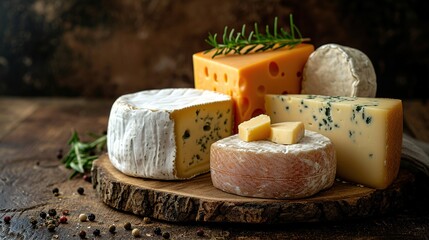 various types of cheese on rustic wooden table