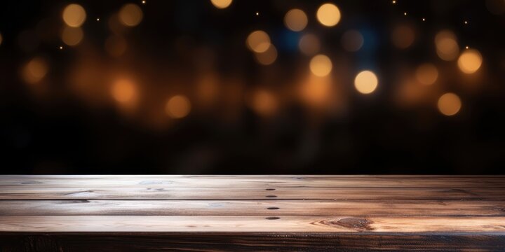 Dark night with light background in cafe for product display on empty wood table top.