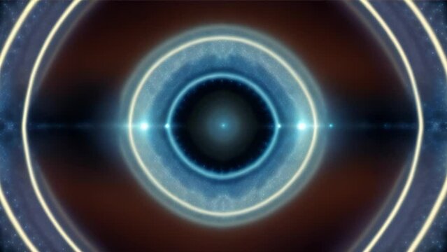 A cosmic image evoking an eye with a central darkness and surrounding rings of light
