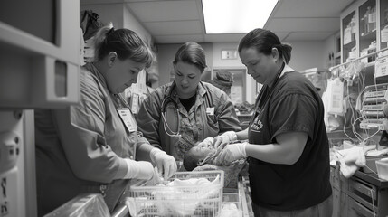 Doctors monitor the condition of newborns. Maternity ward. Active work. - obrazy, fototapety, plakaty