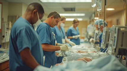 Doctors monitor the condition of newborns. Maternity ward. Active work.