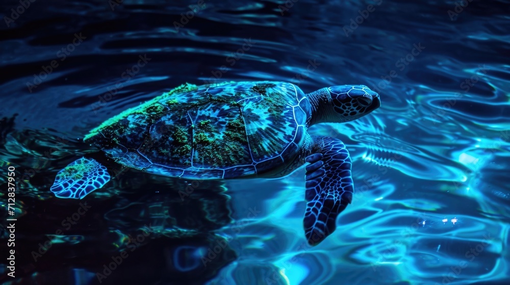 Wall mural A neon blue and green turtle silhouette swimming through a tranquil ocean leaving a trail of bioluminescent colors in its wake