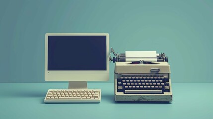 Old vs new technology. Modern computer and typewriter with blue background - obrazy, fototapety, plakaty