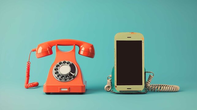 Old vs new technology. Retro phone and modern smartphone with clue background