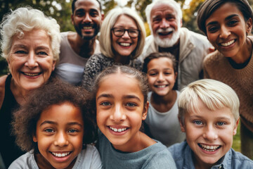 Obraz premium Diverse group of people smiling in joy in the park, a unique crowd, ethnic diversity, different cultures, family, multicultural friends, cultural mixing pot, professional portrait photo 