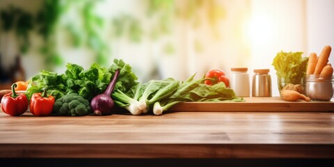 Blurred kitchen counter interior with fresh vegetables on wooden table.
