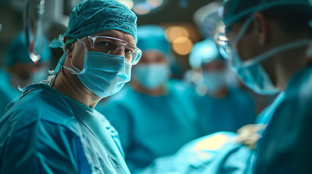 Chief physician during surgery. Looking into the camera.
