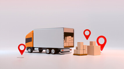 Cargo 3d Logistic application service concept, Global logistics network, smartphone, and packaging on white background. 3d render illustration, delivery, ecommerce, social media - obrazy, fototapety, plakaty