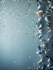 Golden glitter, confetti and party streamers on soft pastel blue background. Minimalist festive texture. Simple, modern holiday abstract. Copy space. Celebration, birthday, party decoration.