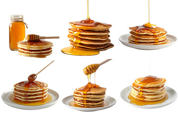 Pancake with honey collection in 3d png transparent for product presentation. Created using generative AI.